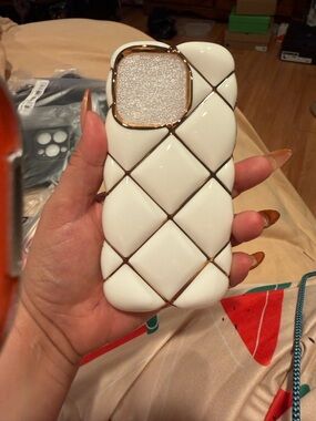 White Quilted Gold-Trim Phone Case - Fashion Protective Cover